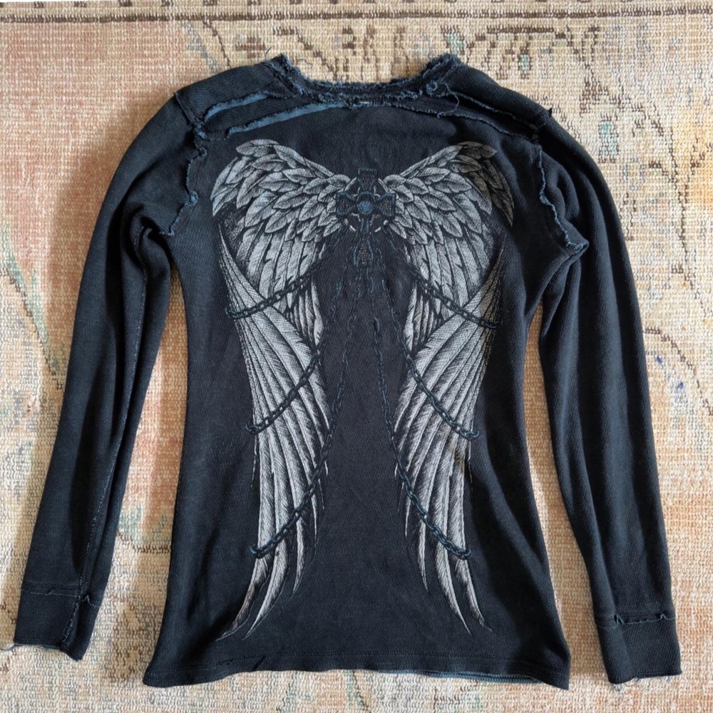 Vintage Sinful by Affliction Reversible Thermal Top Distressed Wings Y2K Teal